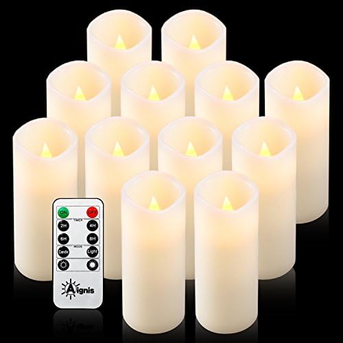 Flameless Candles , Battery Candles Real Wax Set of 12(D2.2 "x H6") Candle Holders 10-key Remote Timer By Aignis( Ivory)