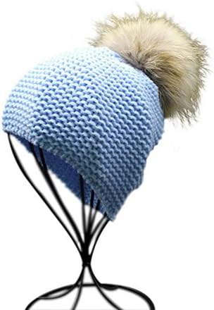 W4W Kids Childrens Unisex Outdoor Warm Stylish Winter Beanie Hat With Detacahable Pom Pom and Knit Design - Made With Real Fur - Blue