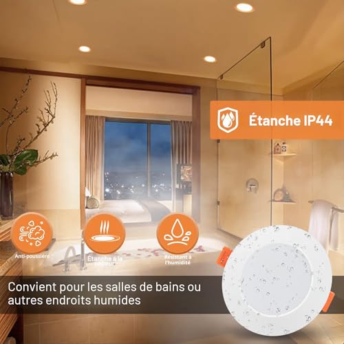 Tomosu Pack of 10 Extra Flat LED Recessed Spotlights, 5 W 450 LM Equivalent to 50 W Incandescence, IP44 Waterproof Bathroom Spotlight Warm White 2700 K, Hole Φ75-90 mm, AC220-240 V