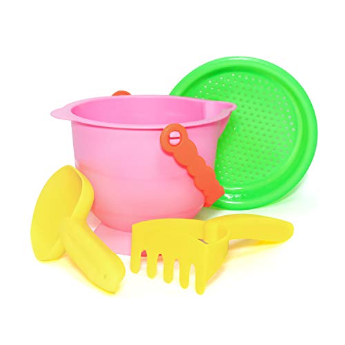zoordo Beach Toys, Sand Basics Set for Kids- Including Bucket, Sifter, Rake, Shovel and Mesh Bag, Multicolor Outdoor Summer Play Toys