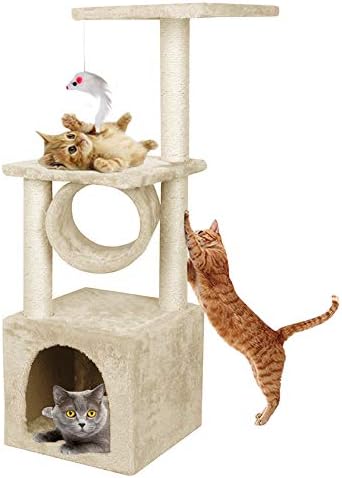 Makall 36inch Deluxe Faux Fur Level Cat Activity Tree, Kitten Climbing Tower Condo House with Sisal Scratching Posts, Protect Furniture with Play House
