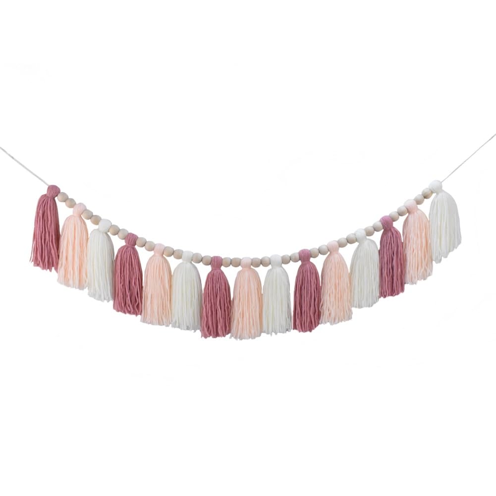 Photo 1 of DrCor Pastel Pink Boho Tassel Garland – Blush Nursery Wall Decor for Girls Bedroom, Kids Room or Dorm, Gender Reveal or Baby Shower Backdrop, Bohemian Mantel or Entryway Decoration