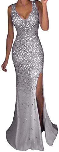 Wintialy 2018 Women Sequin Prom Party Ball Gown Sexy Gold Evening Bridesmaid V Neck Long Dress