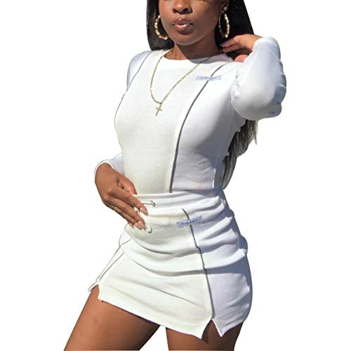LuFeng Women's Sexy Fashion Reflective Striped Long Sleeve 2 Piece Outfits Crop Top and Mini Bodycon Skirt Set (XL, White) - Thumbnail 2