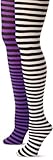 MUSIC LEGS Women's Plus-Size 2 Pack Opaque Striped Tights, Black/White/Black/Purple, One Size