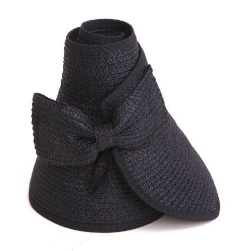 Women's Packable Roll Up Wide Brim Sun Visor Crushable Straw Beach Hat Bonnet (Black)