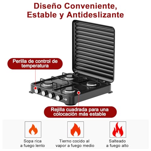 Parrilla de Gas 4 Quemadores, Estufa de Sobreponer Recubrimiento en Polvo Sobre Chapa Metálica con Tapa Rejilla Cuadrada para Ollas Perilla PP Estufa de Mesa para Gas LP Cocina Camping 47.8*47.8*6cm