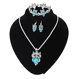 Paxuan Womens Vintage Owl Turquoise Jewelry Sets Retro Silver Turquoise Owl Pendant Necklace Drop Earrings Link Bracelet Set (Turquoise)