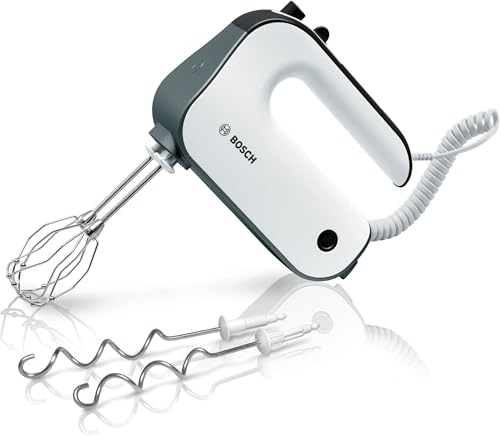 Bosch Sbattitore Elettrico MFQ49300, 850W, 5 Livelli di Velocità, Leggero e Impugnatura Comoda e Sicura, Fruste Incluse, Ganci per Impastare in Acciaio Inox Inclusi, Cavo a Spirale, Bianco, Grigio
