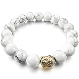 INBLUE Women,Men's 10mm 12mm Alloy Energy Bracelet Link Wrist Energy Stone Gold Tone White Simulated Howlite Turquoise Buddha Mala Bead Elastic