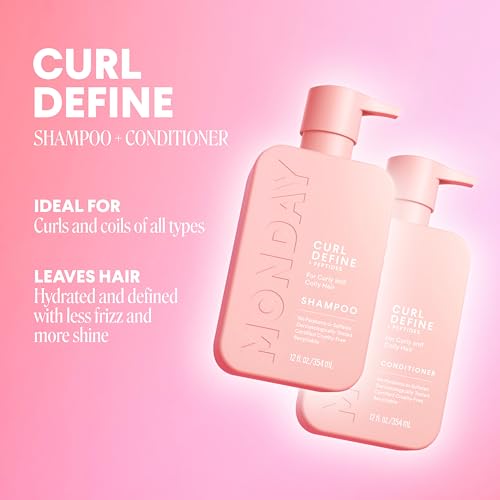 MONDAY HAIRCARE CURL DEFINE SHAMPOO + CONDITIONER SET (2 PACK) 12OZ EACH, NOURISHING CURLS, TAMES FRIZZ, ENHANCES SHINE WITH COCONUT OIL AND SHEA BUTTER, 100% RECYCLABLE BOTTLES