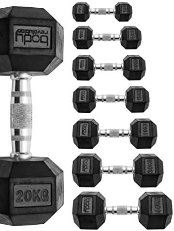 Body Revolution Hex Dumbbells – Rubber Encased Hexagonal Cast Iron Dumbbell Weights – Range of Weight & Size Variations Sold Separately