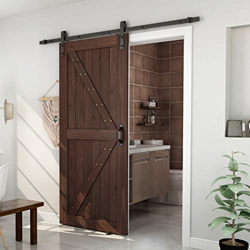 Genius Iron Dark Walnut 36inx84in Barn Door with 6.6FT Sliding Door Hardware Kit & Flush and Pull Set & Floor Guide, Pre-Drilled Ready to Assemble Environmental Solid Fir Wood Door Panel, K-Frame