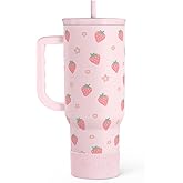 SANDJEST Strawberry Tumbler with Handle 40oz – Insulated Stainless Steel Travel Coffee Mug Cup for Girls Women, Gift for Christmas, Birthday