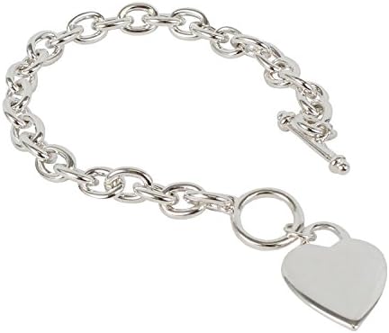 Miss Mimi Trendy Cute Heart Tag Pendant Charm Cable Chain Bracelet and Toggle Clasp Closure 8" (Silver)