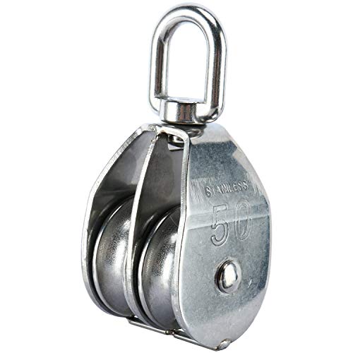 DasMarine 2 Pack M50 Lifting Double Pulley Block 304 Stainless Steel Crane Swivel Hook Double Pulley Roller Loading (M50 Double Pulley; 2 Pack)