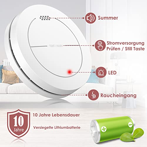 Smoke Detectors Set of 6, without Flashing LED, with 10 Year Battery, with Adhesive Pads, Mute Function, 85 dB Alarm Sound, Standalone Flat Fire Alarm for Home Fire Protection