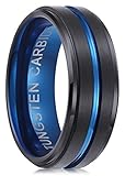 Black Tungsten Carbide Ring for Men 8mm Wedding Band-Matte Finish-Blue Grooved-Rounded Smooth Interior Comfort Fit-Thick and Heavy
