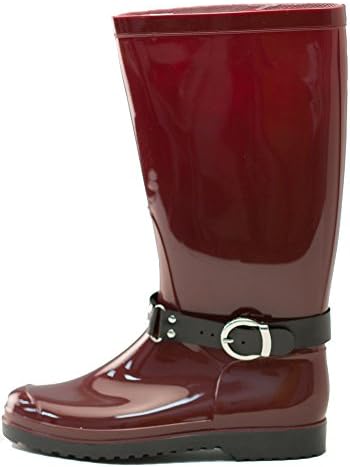 First Fashion Women's Waterproof Buckle Accent Knee High Welly Rain Boots,9 B(M) US,Burgundy