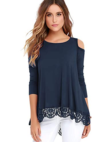 Bosbary Women's Tops Long Sleeve Lace Trim O-Neck A-Line Tunic Tops Blue XL