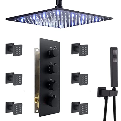 Full Body Rain Shower System 16inch Matte Black LED Rain Shower