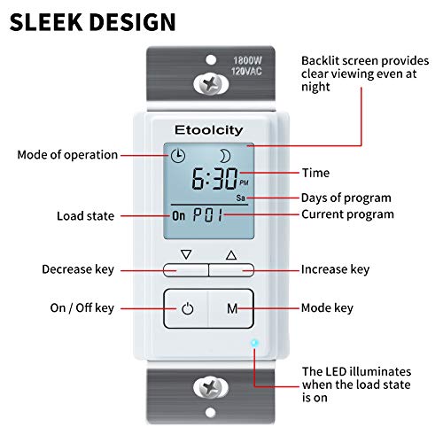 7 Day Programmable Light Switch Timer, Etoolcity inWall Timer Switch