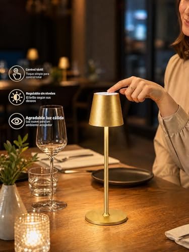 2 lámparas LED regulables de mesa con batería, inalámbrica, recargable, luz cálida, 3000 K, lámpara de mesa para interior y exterior con USB-C, aluminio, IP54, resistente al agua (dorado)…