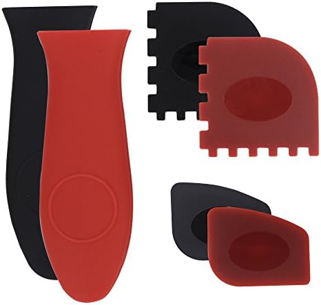 SUNHE Durable Pan Grill Scraper Set Tools and Silicone Hot Handle Holder for Cast Iron Skillets, Frying Pans &amp; Griddles, 6-Pack