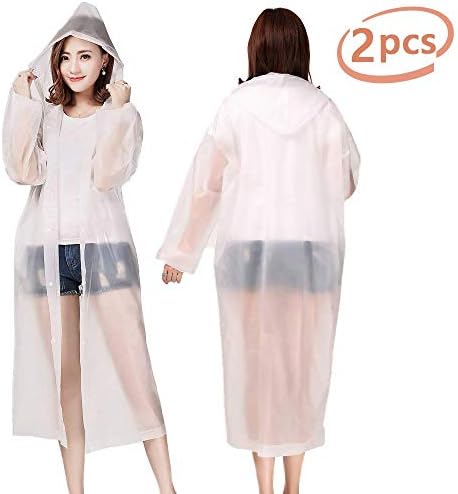 Luoistu Reusable Rain Ponchos, EVA Waterproof Raincoat with Drawstring Hood and Long Sleeves; Emergency Poncho (145cm / 57inch) for Travel, Festivals, Theme Parks and Outdoors