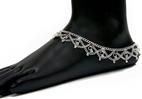 Pure Silver Plated Indian Anklet Pair With Faux Crystals - Length: 10.2 inches with S-hook closure