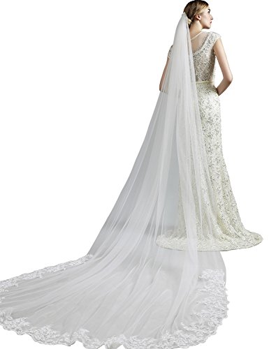 anmor Women's 1T Long Wedding Veils Lace Applique Edge 3M Tulle Bridal Veil with Comb Ivory