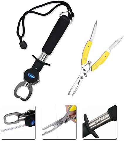 URXTRAL Portable Fish Lip Grabber Gripper Grip and Fishing Pliers Fishing Tool Set for One-Hand Operated Fish Holder, Split Ring, Braid Cutter, Hook Remover