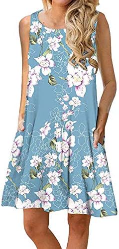 QINYUN Women's Summer Floral Printed Swing Casual T-Shirt Dresses Sleeveless Beach Tank Dresses with Pockets