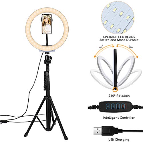 10”Selfie Ring Light with Tripod Stand & Cell Phone Holder with 3 Light Modes & 10 Brightness Level for Streaming Makeup Photography Zoom Wed Conferencing, Live Stream and YouTube Video
