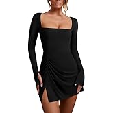 WISFRUIT Women's Sexy Square Neck Bodice Dress Long Sleeve Ruched Side Slit Party Club Mini Dress