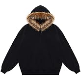 Dynict Women's Y2K Zip Up Hoodies with Fur Hood Winter Fuzzy Jackets Trendy Vintage Sweatshirt