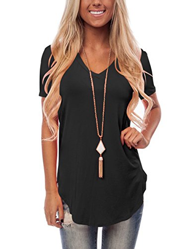 Loose T Shirt For Women Short Sleeve Shirts Cotton Tops V Neck Tee Plus Size (0-Black, XX-Large)