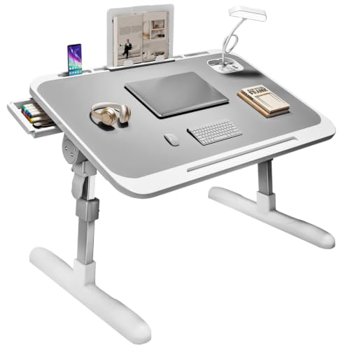 Cestbella Laptop Bed Desk, Adjustbale Height Lazy Laptop Desk with LED Light, Folding Computer Desk Portable Bed Table with Side Drawer Reading Stand USB Charging for Work Reading Dorm Study