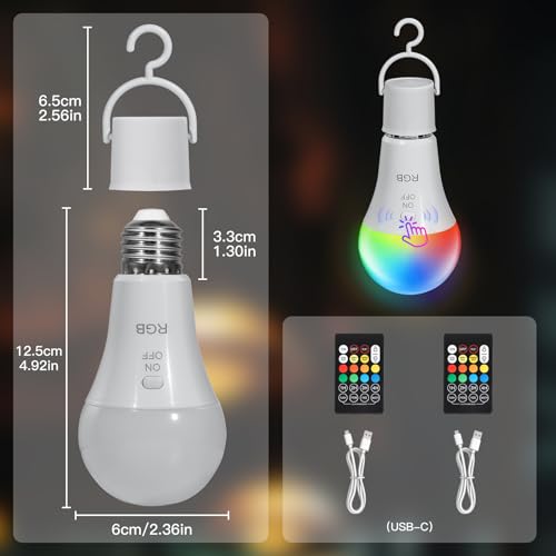 Kimjo E27 LED Light Bulb, RGB Rechargeable Bulb with Remote Control Wireless Dimmable, USB C LED Battery with Timing Function, 7W, 2000mAh, Pack of 2