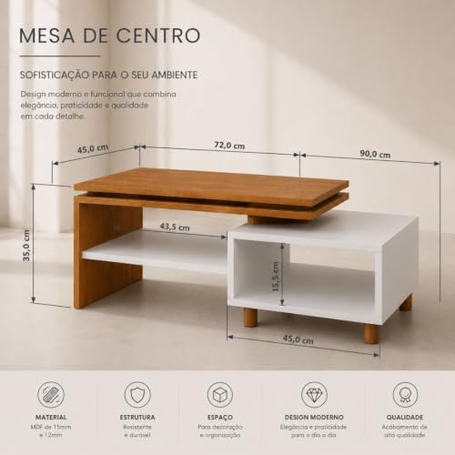 Mesa de Centro Lima multiuso para Sala de Estar com Nicho Organizador e Prateleira Decorativa – Design Moderno e Funcional.