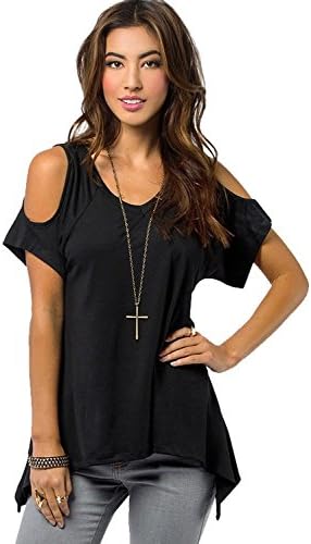 Cuteplus Women's Short Sleeve Cut Out Off Shoulder Tunic Top with High Low Hem