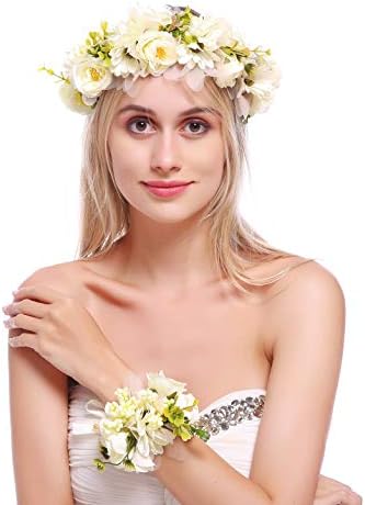 June Bloomy Flower Crown Hair Wreath Maternity Photo Shoot Garland Halo with Wrist Band (R-Beige)