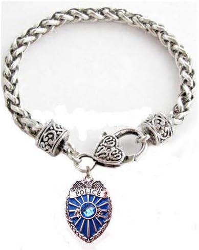 Ladies Police Lives Matter Blue Line Badge Charm Wife Bracelet (Antique Silver)