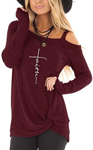 ZILIN Women's Cold Shoulder T-Shirt Letter Print Long Sleeve Knot Twist Front Tunic Tops