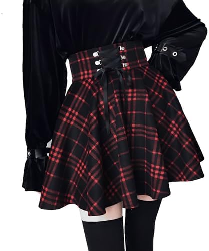 KASTWAVE Women's Gothic Punk Black Red Plaid Pleated Skirt Dress