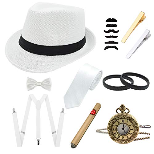 Ziyoot 1920s Accessories for Men Gatsby Gangster Costume Set Panama Fedora Hat - Thumbnail 7
