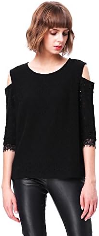 Women Elegant Hollow Out T Shirt Cold Shoulder Loose White Lace Crochet Blouse Tops (40, black)