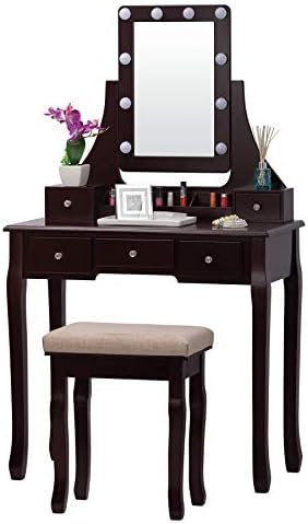 Fineboard FB-VT32-BN LED Lights Vanity Table Set with Stool and Mirror with 5 Drawers, Brown