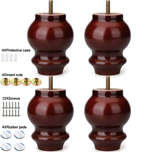 Set of 4 Furniture Legs, 4 Inch Gourd Type Rubber Wood Legs for