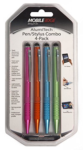 Mobile Edge AlumiTech Tablet and Touch Screen Capacitive Stylus and Ballpoint Pen Combo, 4 Pack Multi-Colors, Aluminum barrel with Machined Grip MEASPA4